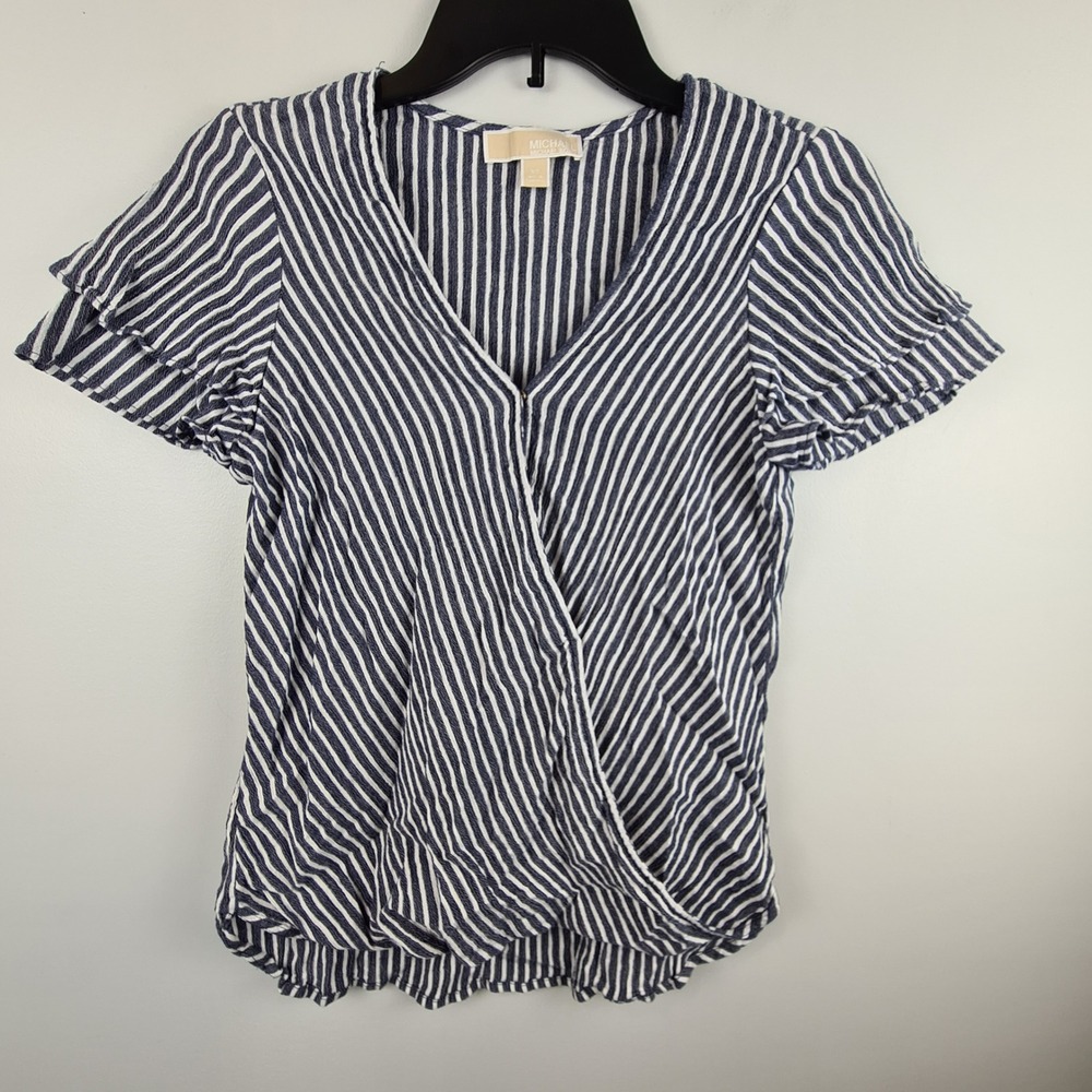 Michael Michael‎ Kors Navy Blue White Striped Faux Wrap Ruffle Sleeve Top XS